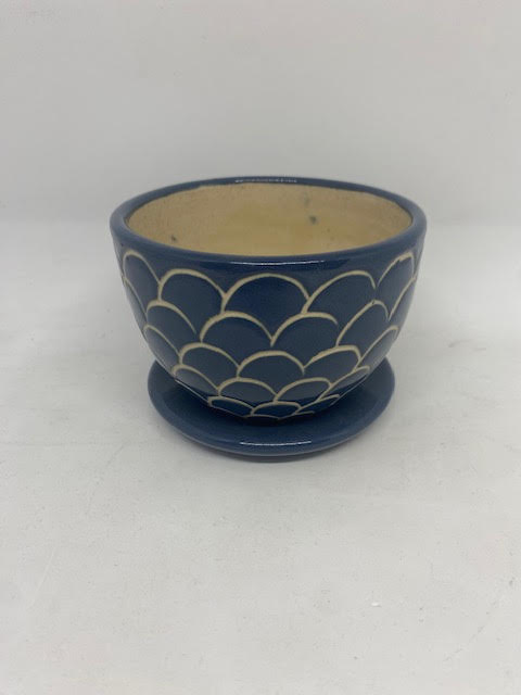 Miss Jones Etched Blue Pot with Dish