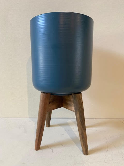 Blue Metal Pot Plant on Wood Stand